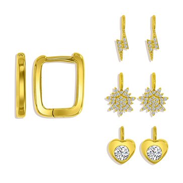 Charm Bar Starburst Lightning Charms with CZ Heart Polished Square Huggie Earrings