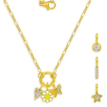 Charm Bar Circle Clasp Figaro Chain CZ Charm Necklace Set