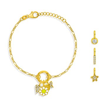 Charm Bar Circle Clasp Figaro Chain CZ Charm Bracelet Set