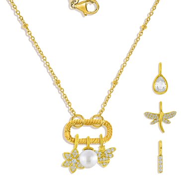 Charm Bar Rectangle Clasp Beaded Cable Chain CZ Critter Charm Necklace Set