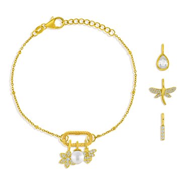 Charm Bar Rectangle Clasp Beaded Cable Chain CZ Critter Charm Bracelet Set