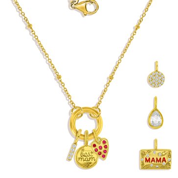 Charm Bar Circle Clasp Beaded Cable Chain CZ Mom Charm Necklace Set