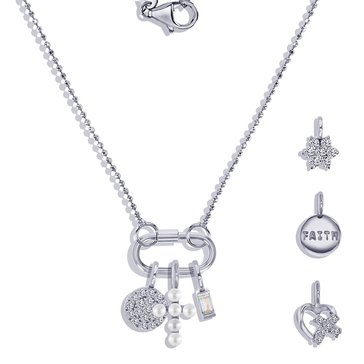 Charm Bar Rectangle Clasp Cable Chain CZ Faith Charm Necklace Set