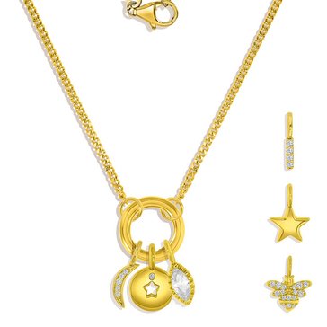 Charm Bar Circle Clasp Cuban Chain CZ Charm Necklace Set