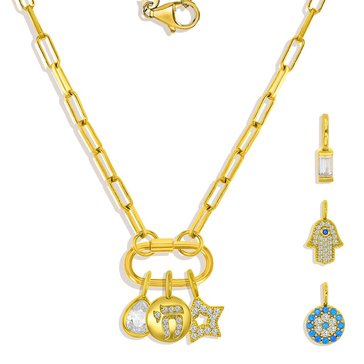 Charm Bar Oval Clasp Paperclip Chain CZ Evil Eye Charm Necklace Set