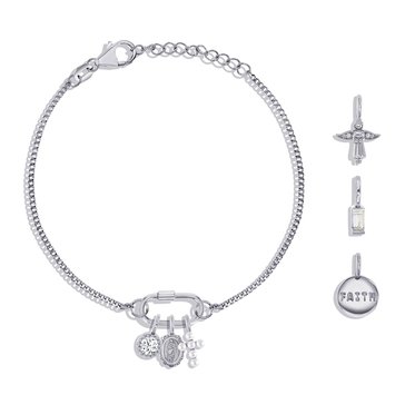 Charm Bar Rectangle Clasp and Cuban Chain CZ Faith Charm Necklace Set