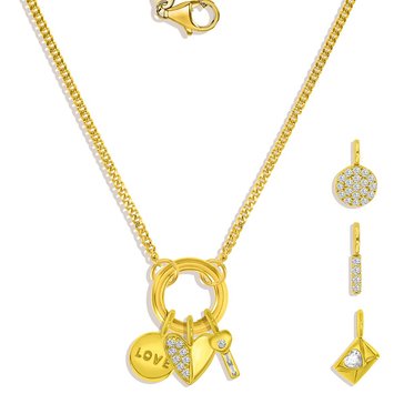 Charm Bar Circle Clasp Cuban Chain CZ Heart and Key Charm Necklace Set