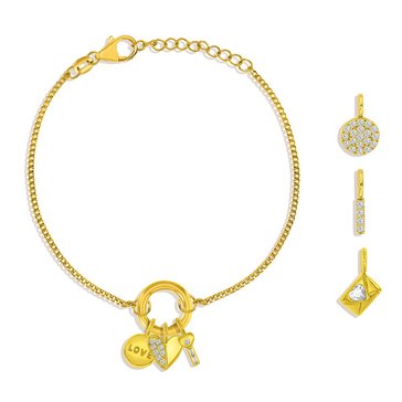 Charm Bar Circle Clasp Cuban Chain CZ Heart and Key Charm Bracelet Set
