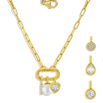 Charm Bar Rectangle Clasp Paperclip Chain CZ Charm Necklace Set