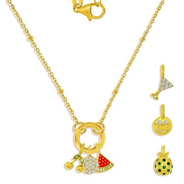 Charm Bar Circle Clasp Chain CZ Fruit Charm Necklace Set