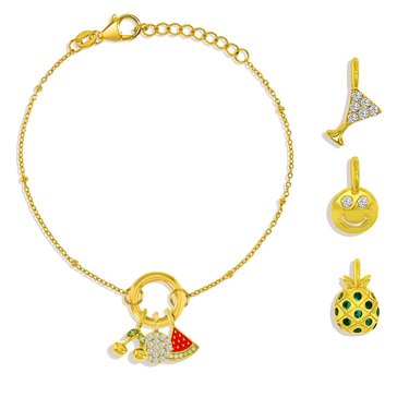Charm Bar Circle Clasp Chain CZ Fruit Charm Bracelet Set