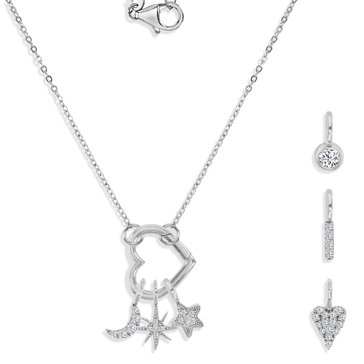 Charm Bar Heart Clasp Cable Chain CZ Charm & Necklace Set