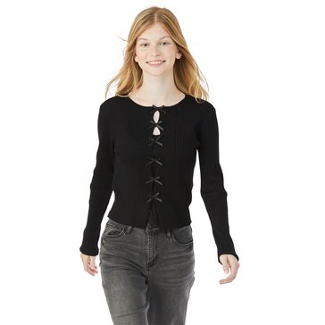 No Comment Women's Long Sleeve Satin Bow Ribbed Sweater