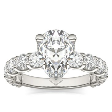 Charles & Colvard Forever Bright 3 3/5 cttw Moissanite Basket Pear Solitaire with Trellis Set Side Stones Engagement Ring