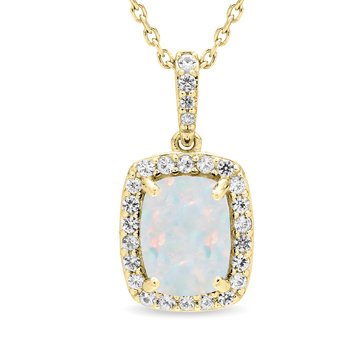 Created Opal Cushion Cut and White Sapphire Halo Pendant