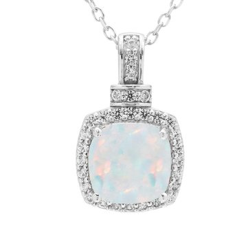 Created Opal Square Cushion Cut and White Sapphire Halo Pendant