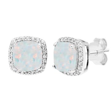 Created Opal Square Cushion Cut and White Sapphire Halo Stud Earrings