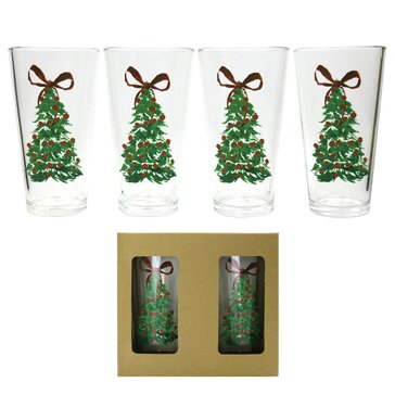Transpac Bow Holiday Tree Glass Tumblers, Set of 4
