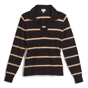 Yarn & Sea Women's Long Sleeve Fine Gauge Stripe Polo Sweater