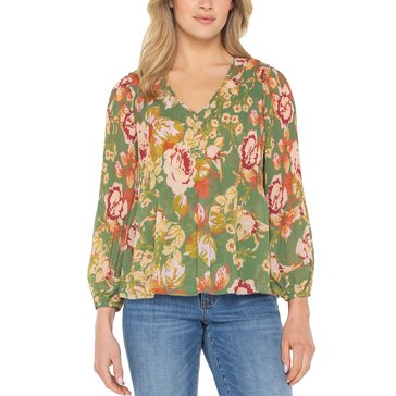 Liverpool Women's Long Sleeve V-Neck Pleated Woven Top