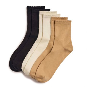 Legale Women's Soft Sport Rib W/ Scallop Edge Quarter Socks, 3-Pack