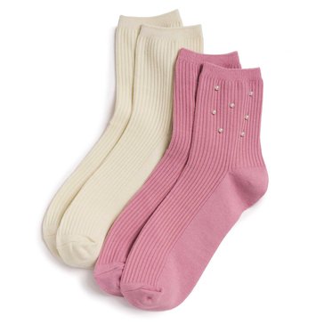 Legale Women's Ribbed With Pearls Quarter Socks, 2- Pack