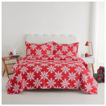 Spirit Linen Holiday Snowflake Stitched Quilt Set