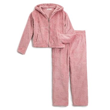 No Comment Big Girls' Embossed Flower Fleece Zip Hoodie And Pant Set