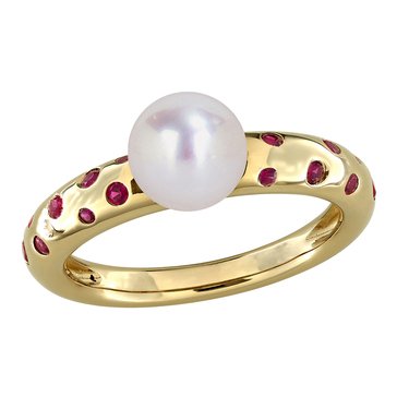 Sofia B. 7-7.5mm Cultured Freshwater Pearl and 1/3 cttw Created Ruby Stardust Ring