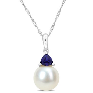 Sofia B. 8-8.5mm Cultured Freshwater Pearl 3/8 cttw Created Blue Sapphire Pendant