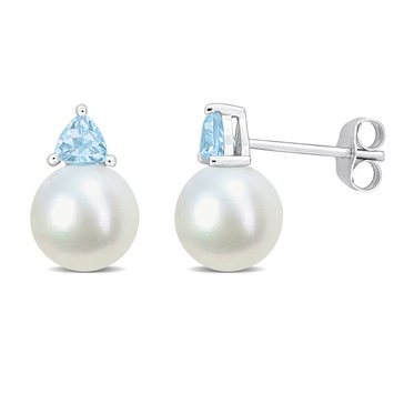 Sofia B. 8-8.5mm Cultured Freshwater Pearl and 1/2 cttw Sky Blue Topaz Stud Earrings