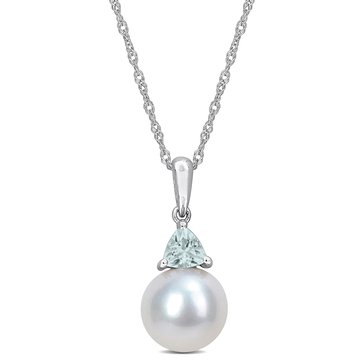 Sofia B. 8-8.5mm Cultured Freshwater Pearl and 1/5 cttw Aquamarine Pendant