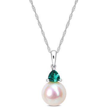 Sofia B. 8-8.5mm Cultured Freshwater Pearl and 1/5 cttw Created Emerald Pendant