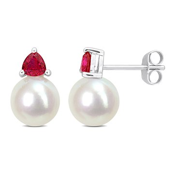 Sofia B. 8-8.5mm Cultured Freshwater Pearl and 3/5 cttw Created Ruby Stud Earrings