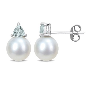 Sofia B. 8-8.5mm Cultured Freshwater Pearl and 3/8 cttw Aquamarine Stud Earrings
