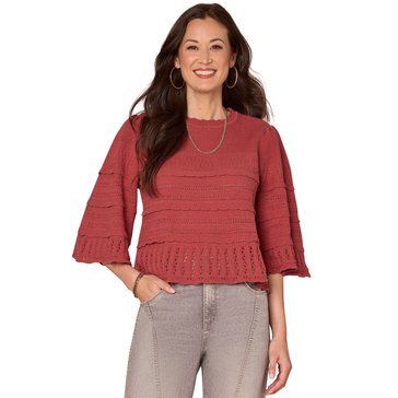 Democracy Women's Bell Sleeve Round Neck Scallop Edge Sweater