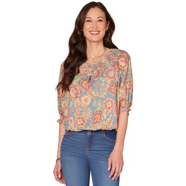 Democracy Women's Blouson Sleeve Scoop Neck Printed Woven Top