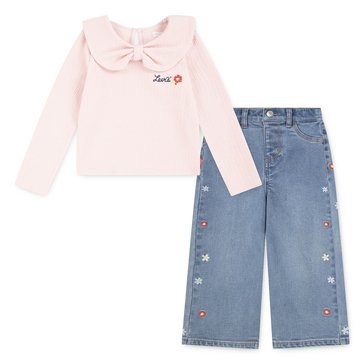 Levi's Little Girls' Bow Top And Wide Leg Jeans Set