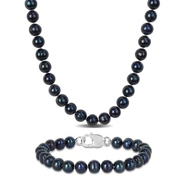 Sofia B. Men's 8-8.5mm Black Cultured Freshwater Pearl Necklace and Bracelet Set