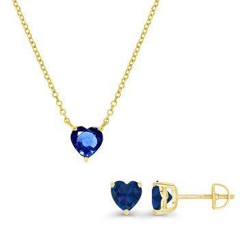 Created Blue Sapphire Heart Pendant and Stud Earring Set