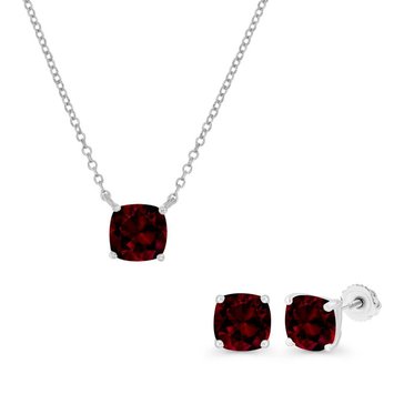 Garnet Cushion Cut Pendant and Stud Earring Set