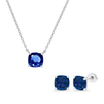 Created Blue Sapphire Cushion Cut Pendant and Stud Earring Set