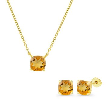 Citrine Cushion Cut Pendant and Stud Earring Set