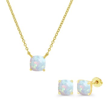 Created Opal Cushion Cut Pendant and Stud Earring Set