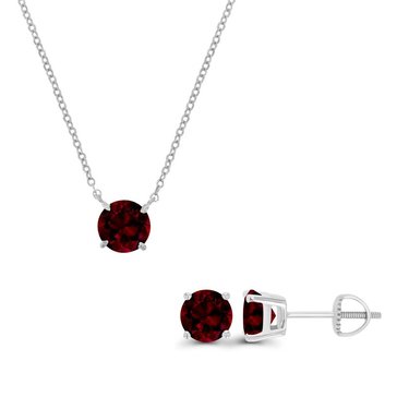 Garnet Round Cut Pendant and Stud Earring Set