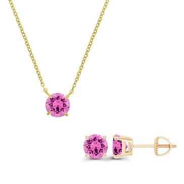 Pink Sapphire Round Cut Pendant and Stud Earring Set