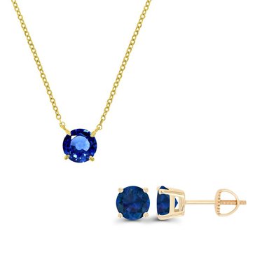 Created Blue Sapphire Round Cut Pendant and Stud Earring Set