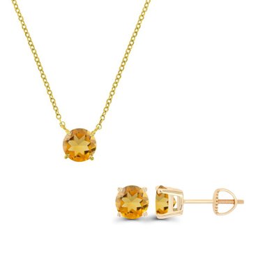 Citrine Round Cut Pendant and Stud Earring Set