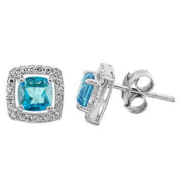 Swiss Blue Topaz with White Topaz Halo Antique Cut Studs