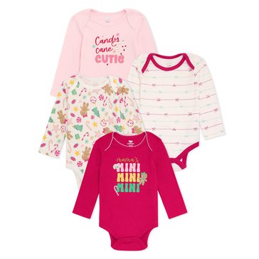 Koala Baby Infant Girl Christmas Long Sleeve Bodysuit, 4-Pack